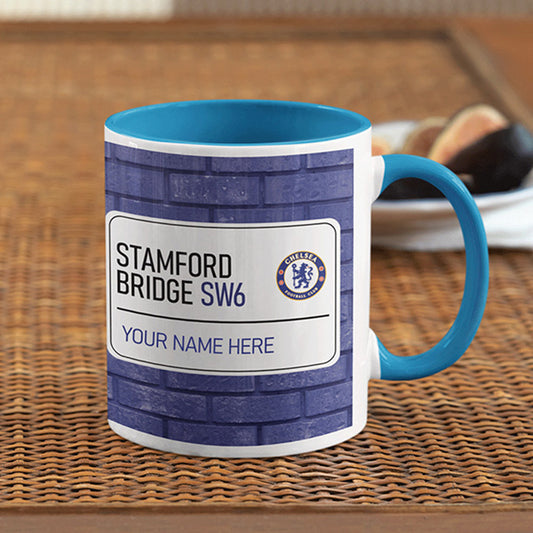 Stamford Bridge Road Sign - Blue Colour Insert Mug