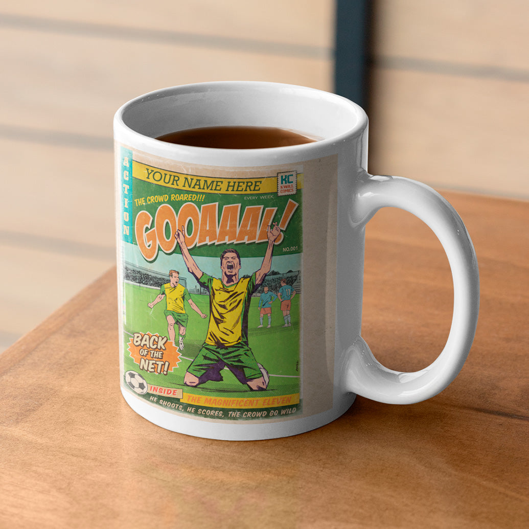 Football Comic Book with Yellow & Green Mug Set by Kevin Williamson