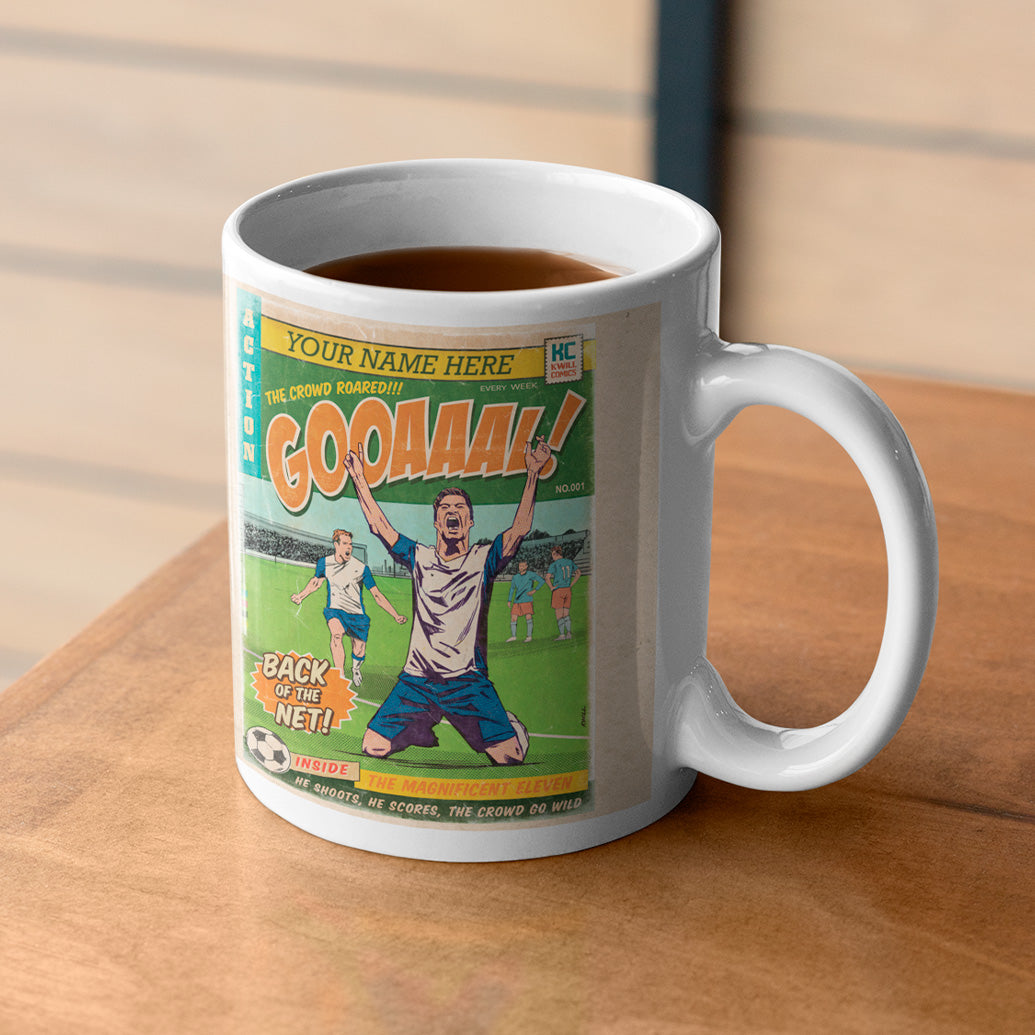 Football Comic Book with White with Blue Sleeves Mug Set by Kevin Williamson