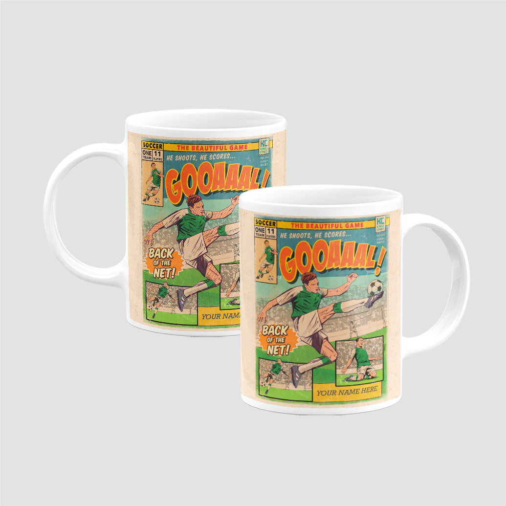 Football Comic Book with Green With White Sleeves Mug Set by Kevin Williamson