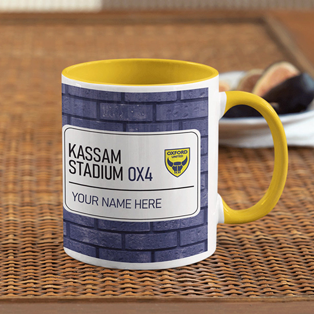 Kassam Stadium Road Sign - Yellow Colour Insert Mug