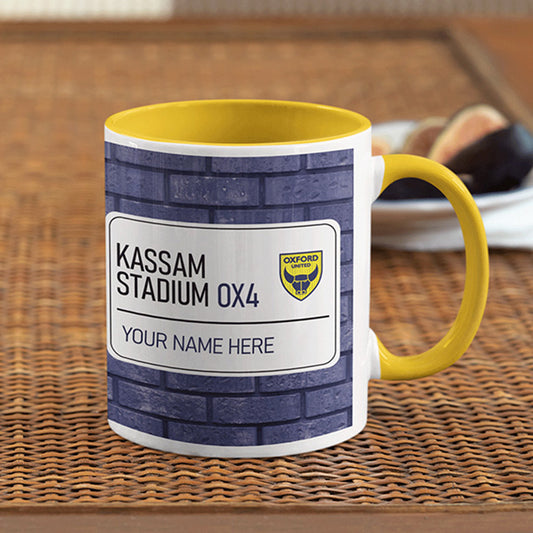 Kassam Stadium Road Sign - Yellow Colour Insert Mug