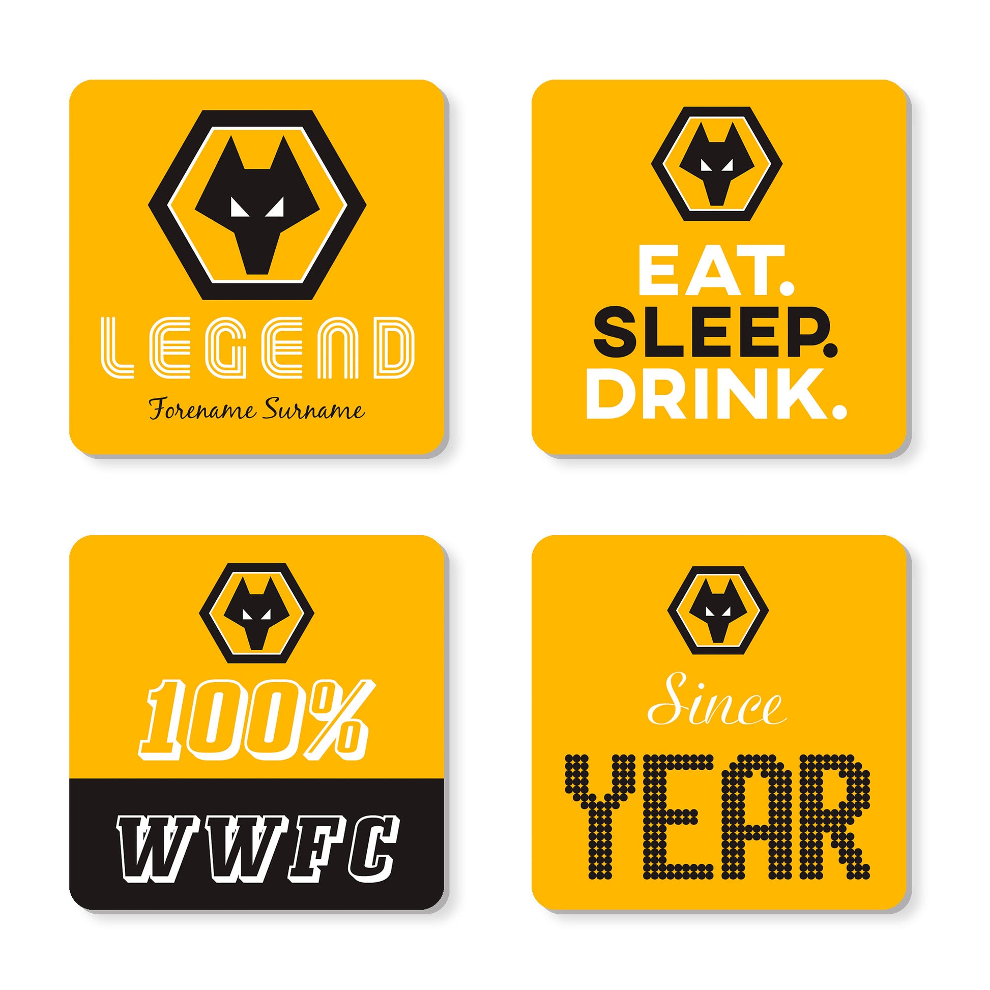 Personalised Wolves Coasters (x4)